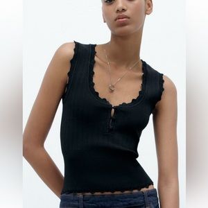 Zara NWT pointelle knit top BLACK SIZE MEDIUM
